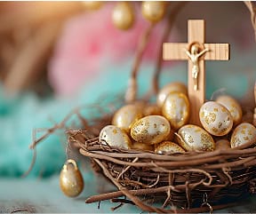 Golden eggs in a nest with a cross, symbolizing Easter and spirituality.