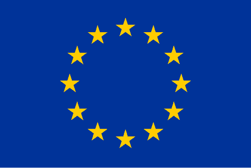 European Union flag with 12 yellow stars on blue background.
