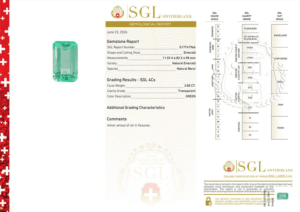 Emerald cut Colombian emerald with bright green color and VS1 clarity, 2.85 carats.