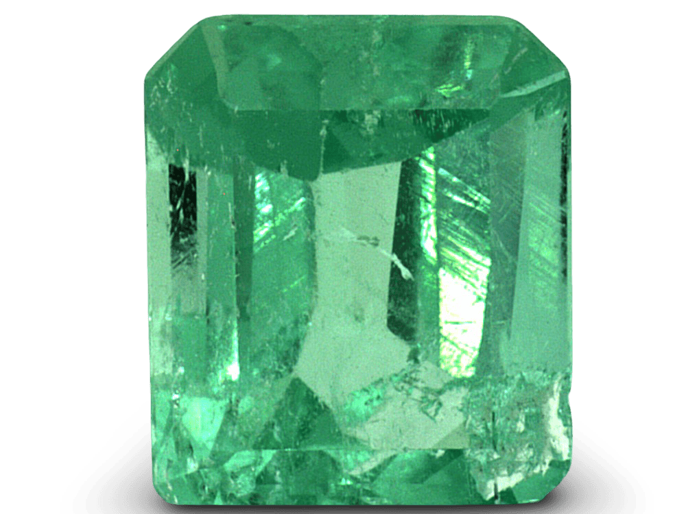 Bright green Colombian emerald cut gemstone with clarity and brilliance.