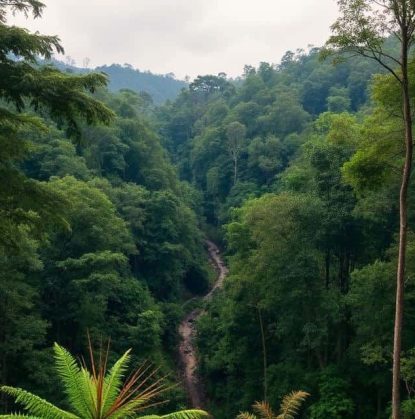 Lush green Colombian rainforest with a narrow river flowing through dense trees.
