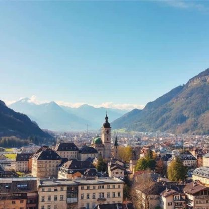 Scenic view of a European town with mountains in the background and a prominent church tower.