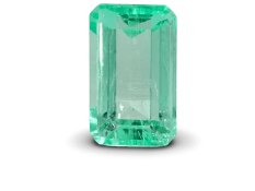 Emerald gemstone with rectangular cut, vibrant green color, and high clarity.