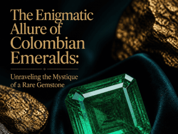 Vivid green Colombian emerald gemstone with a rectangular cut on dark fabric background.