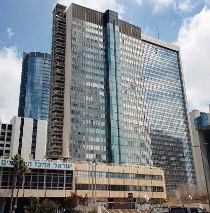 Modern skyscraper in Tel Aviv with glass facade and blue sky background.
